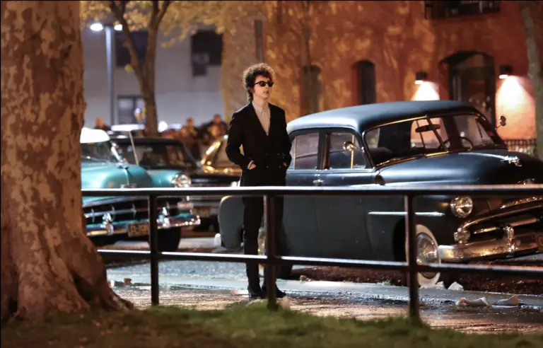 Timothee Chalamet as Bob Dylan in a Complete Unknown